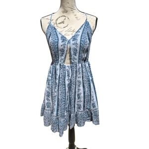 Patrons‎ of Peace Mini Dress Blue White Print Cutout Backless Bohemian -  Medium